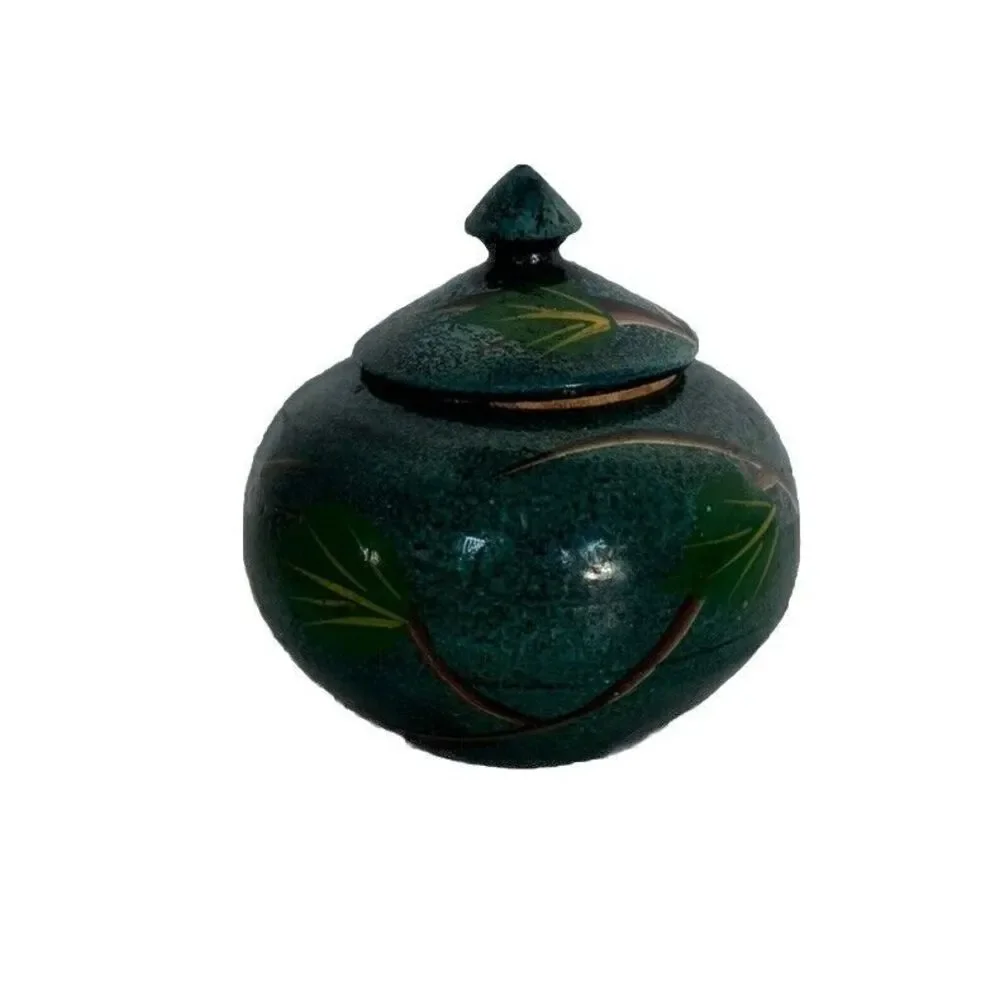 Hand Painted Wood Lacquer Bowl Jar with Lid Parrot Trinket Tropical Wooden Pot